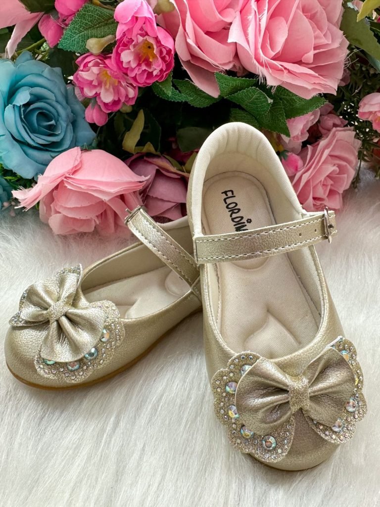 Sapatilha Flor Di MIla Baby Dourado lacinho Strass