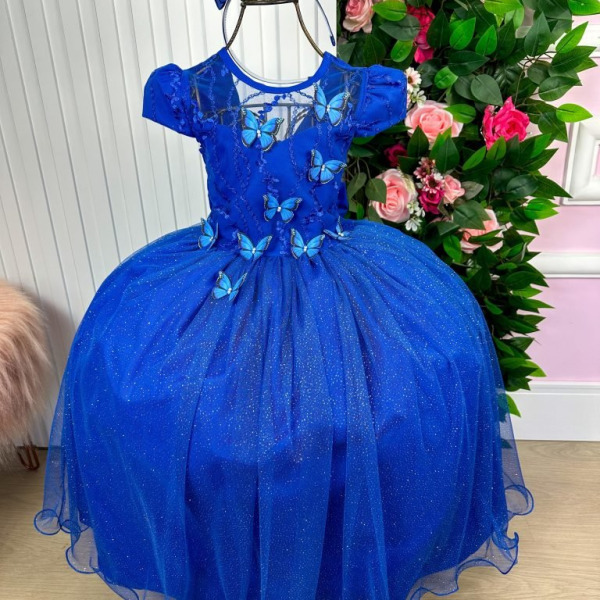 Vestido Vila Lele Longo Jardim Encantado Borboletas Azul Roy