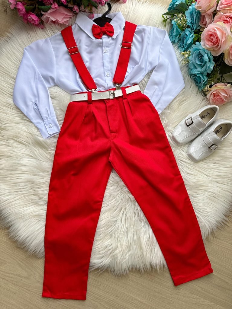 Conjunto Meninos Miss Cherry Leo Suspensorio Vermelho