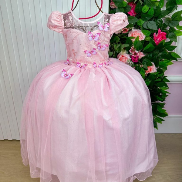 Vestido Vila Lele Longo Jardim Encantado Borboletas Rosa Beb