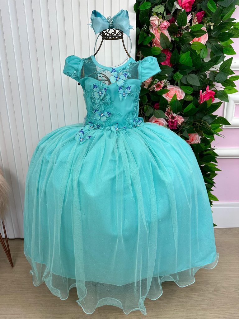 Vestido Vila Lele Longo Jardim Encantado Borboletas Verde Ti