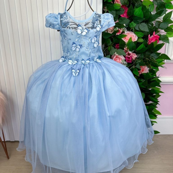 Vestido Vila Lele Longo Jardim Encantado Borboletas Azul Beb