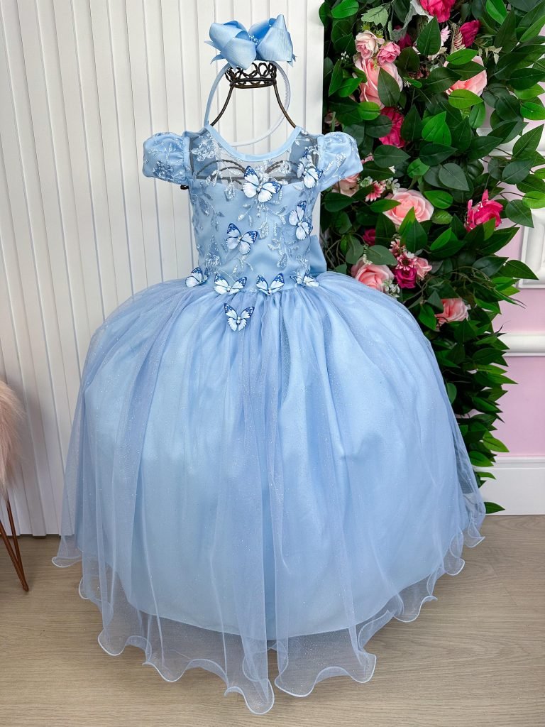 Vestido Vila Lele Longo Jardim Encantado Borboletas Azul Beb