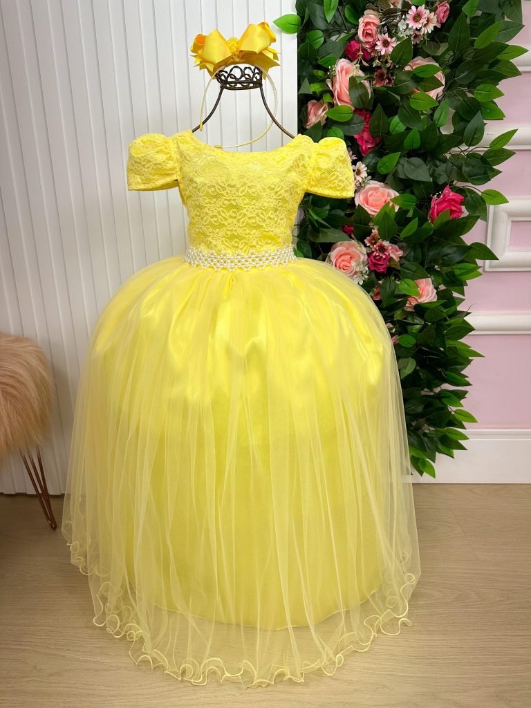 Vestido Enjoy Longo Laura Amarelo Rendado