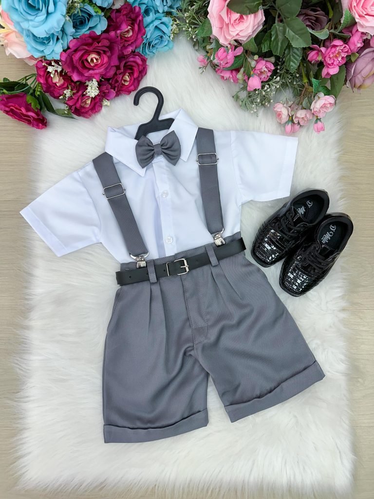 Conjunto Miss Cherry Meninos Social Shorts Ravi Cinza Grafit