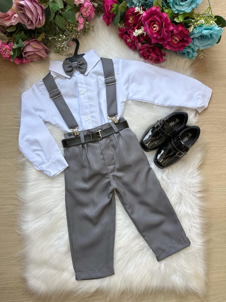 Conjunto Meninos Miss Cherry Leo Suspensorio Cinza Grafite