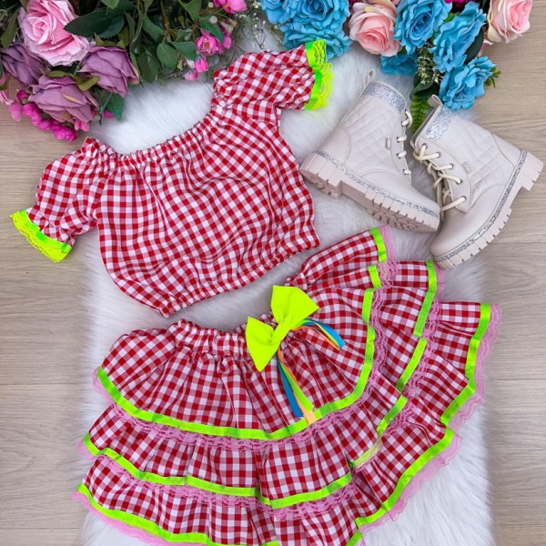 Conjunto Junino Banana Club Luxo Sofia Xadrez Vermelho