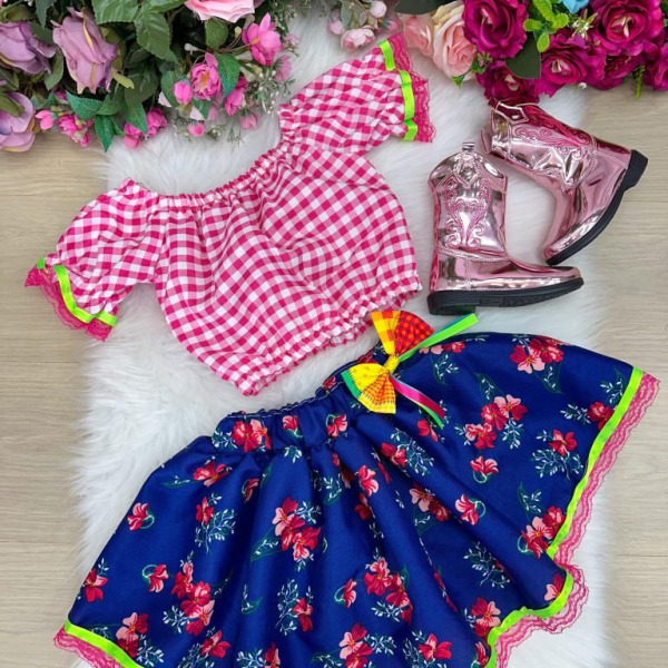 Conjunto Junino Banana Club Luxo Mirela Saia Florida Azul