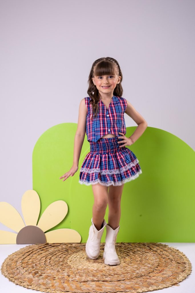 Conjunto Junino Miss Cherry Melissa Xadrez Azul Marinho