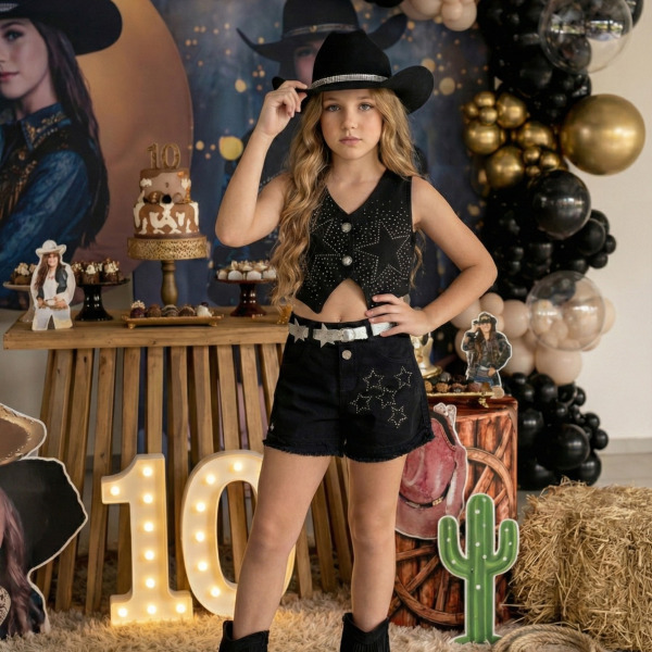 Conjunto Blogueirinha Boiadeira Estrelada Preto